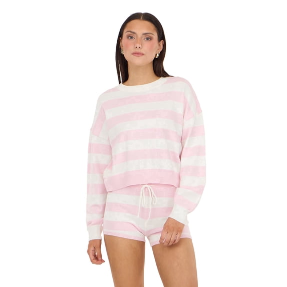 Forever 21 Women’s Cropped Intarsia Sweater and Matching Shorts Set, Long Sleeve Rugby Stripe Knit Two-Piece Lounge Outfit, XS-XL
