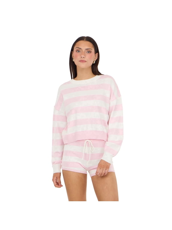 Women’s Cropped Intarsia Sweater and Matching Shorts Set, Long Sleeve Rugby Stripe Knit Two-Piece Lounge Outfit, XS-XL