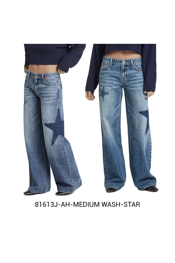 Women's Denim Pants with Laser Print Stars and Stud Detail, Color- Blue, Size- 12