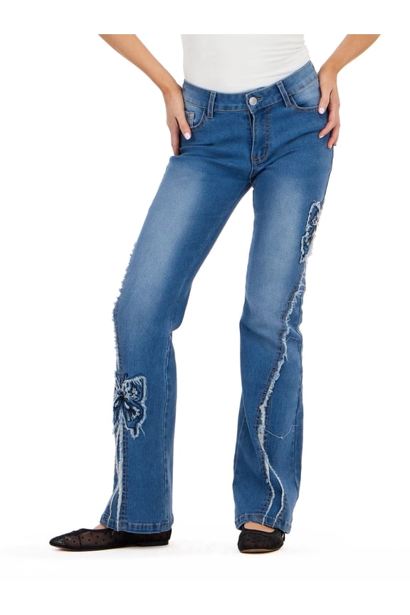 Women’s Denim Pants with Rhinestones and Embroidered Back Pocket, Straight Leg Jeans for Casual Outfits and Everyday Wear, 0-14