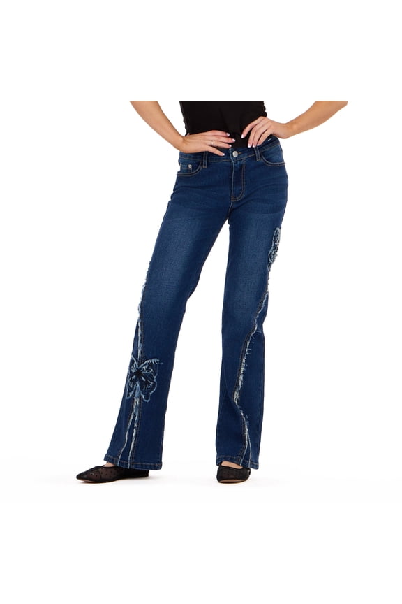 Women’s Denim Pants with Rhinestones and Embroidered Back Pocket, Straight Leg Jeans for Casual Outfits and Everyday Wear, 0-14