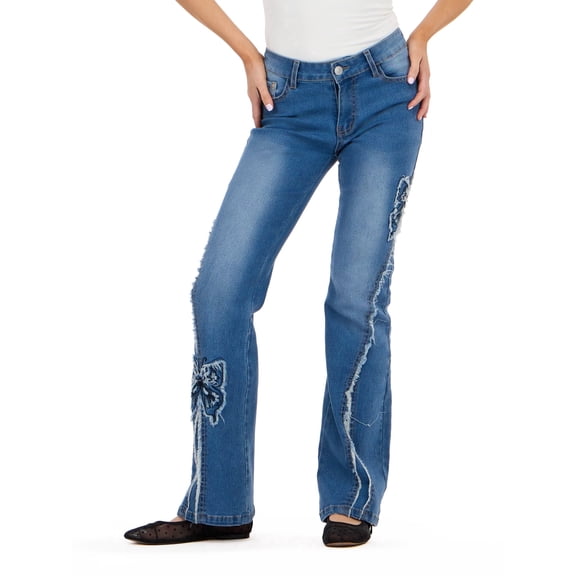 Forever 21 Women’s Denim Pants with Rhinestones and Embroidered Back Pocket, Straight Leg Jeans for Casual Outfits and Everyday Wear, 0-14