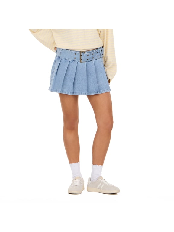 Women’s Denim Skort with Buckle Belt Detail, Pleated Mini Jean Skirt Shorts Hybrid for Casual Going-Out Outfits, XS-XL
