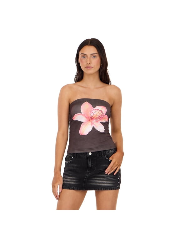 Women’s Doubled Yummy Tube Top, Strapless Graphic Floral Fitted Bandeau Top for Casual Summer and Going-Out Looks, XS-XL