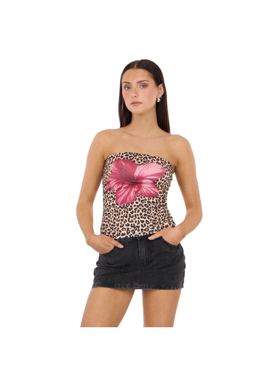 Women’s Doubled Yummy Tube Top, Strapless Graphic Floral Fitted Bandeau Top for Casual Summer and Going-Out Looks, XS-XL
