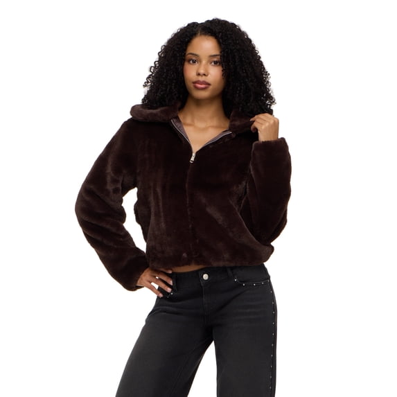 Forever 21 Women's Faux Fur Zip-Up Jacket with Collar, Brown, XS-XL