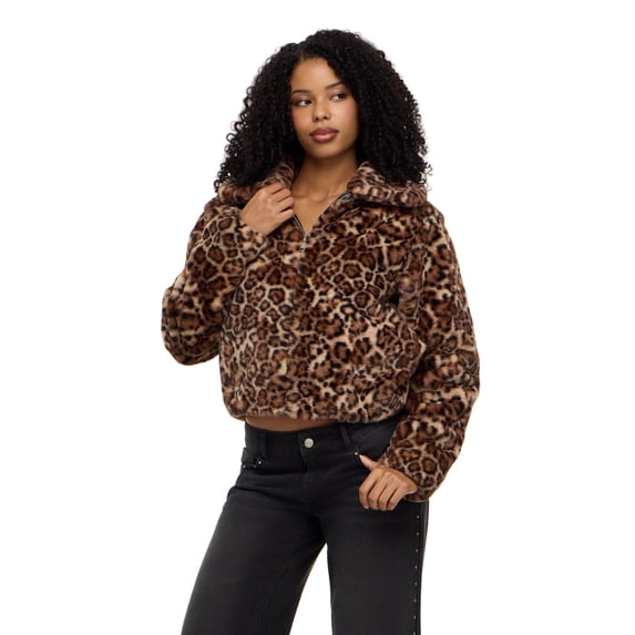 Forever 21 Women's Faux Fur Zip-Up Jacket with Collar, Leopard Print, XS-XL