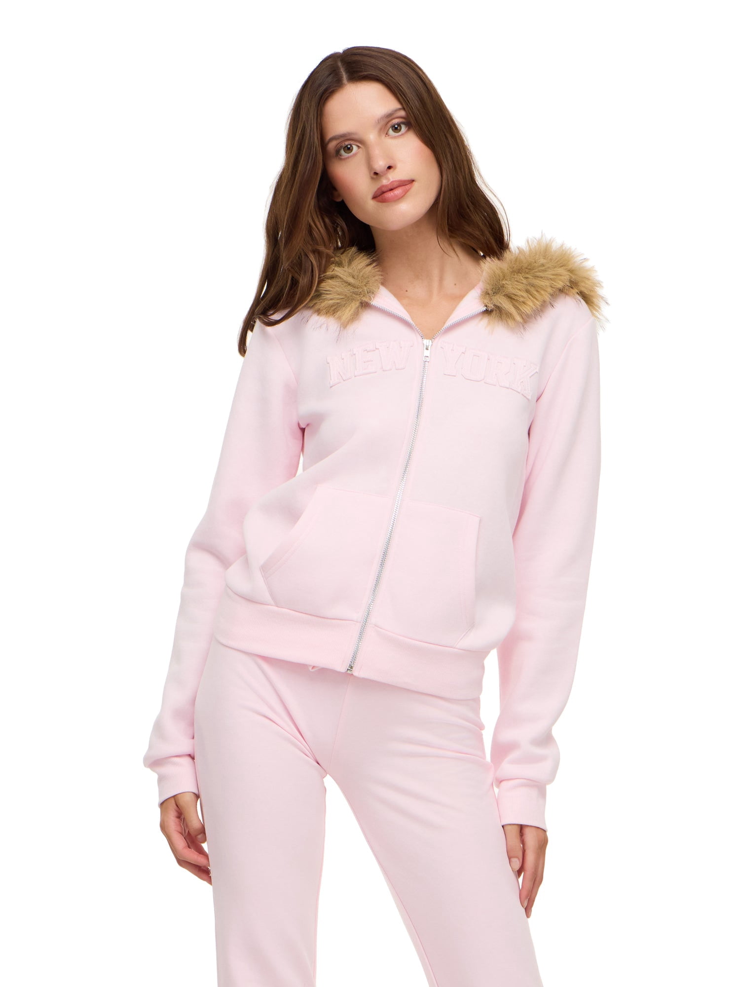 Forever 21 Women's Fitted Fleece Zip Up Hoodie with Fur Hood and Tonal Patch Detail, Soft Casual Sweatshirt Jacket, Pink, XXS-XXL