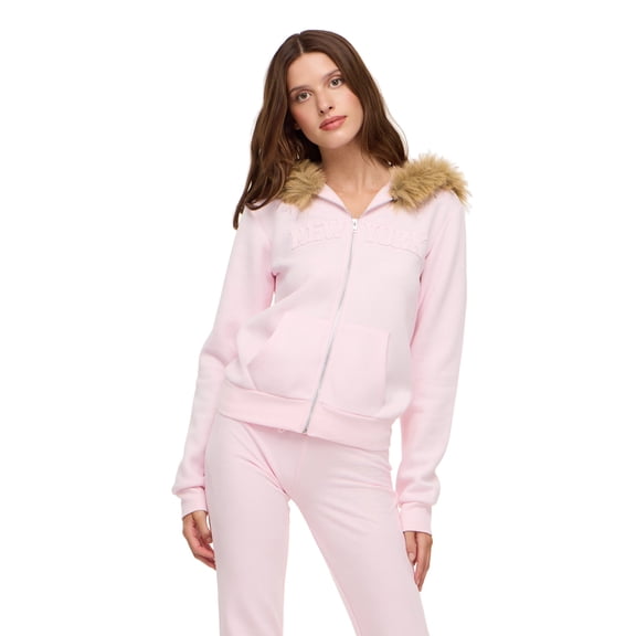 Forever 21 Women's Fitted Fleece Zip Up Hoodie with Fur Hood and Tonal Patch Detail, Soft Casual Sweatshirt Jacket, Pink, XXS-XXL