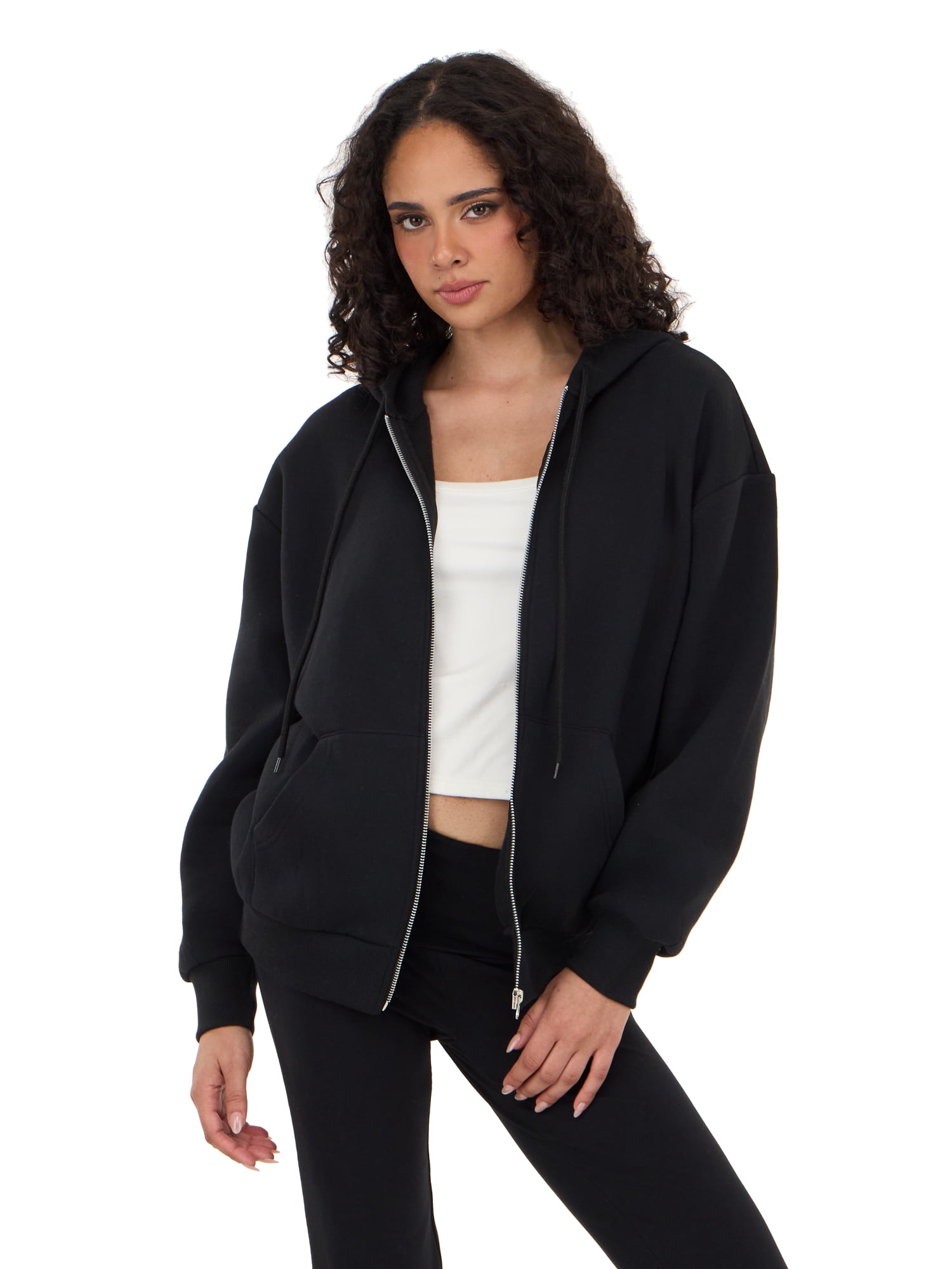 Forever 21 Women's Fleece Zip Up Hoodie with Front and Back Graphic Detail, Relaxed Fit Sweatshirt Jacket, Casual Everyday Layering Style, Black, XXS-4X