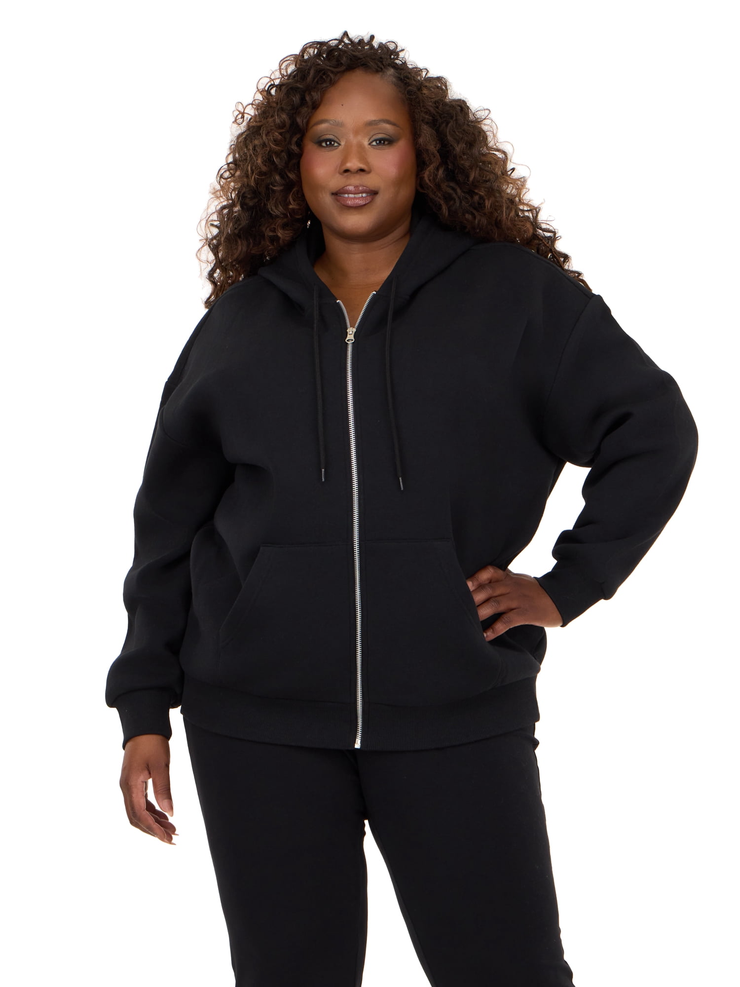 Forever 21 Women's Fleece Zip Up Hoodie with Front and Back Graphic Detail, Relaxed Fit Sweatshirt Jacket, Casual Everyday Layering Style, Black, XXS-4X