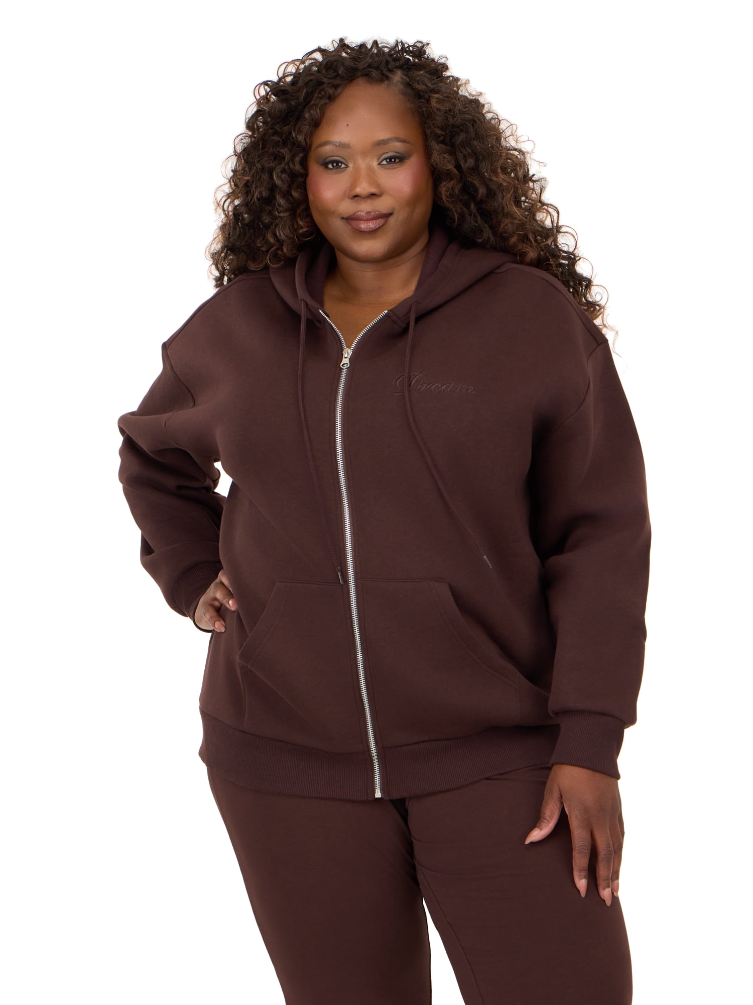 Forever 21 Women's Fleece Zip Up Hoodie with Front and Back Graphic Detail, Relaxed Fit Sweatshirt Jacket, Casual Everyday Layering Style, Brown, XXS-4X