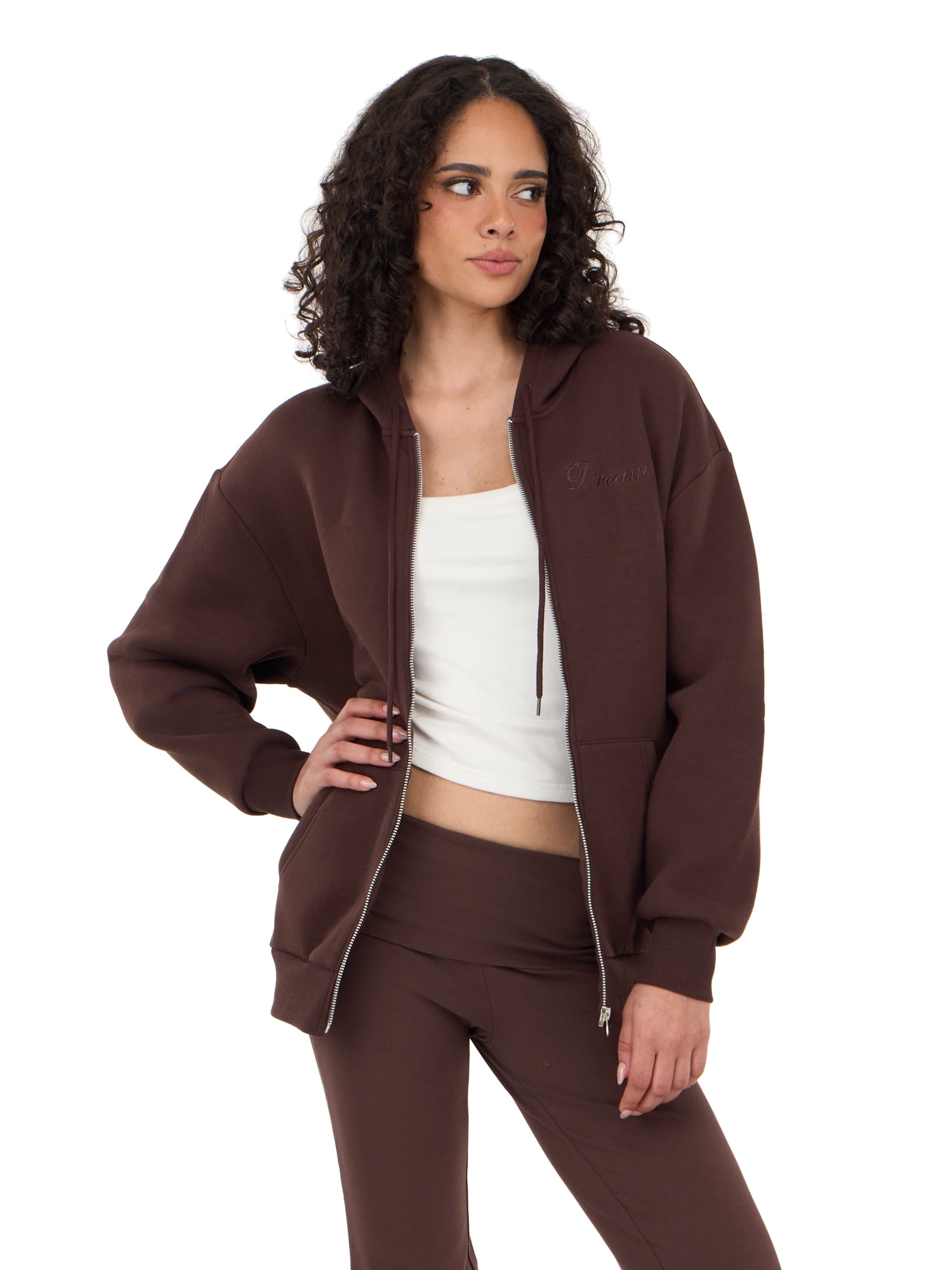 Forever 21 Women's Fleece Zip Up Hoodie with Front and Back Graphic Detail, Relaxed Fit Sweatshirt Jacket, Casual Everyday Layering Style, Brown, XXS-4X