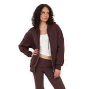 Forever 21 Women's Fleece Zip Up Hoodie with Front and Back Graphic Detail, Relaxed Fit Sweatshirt Jacket, Casual Everyday Layering Style, Brown, XXS-4X