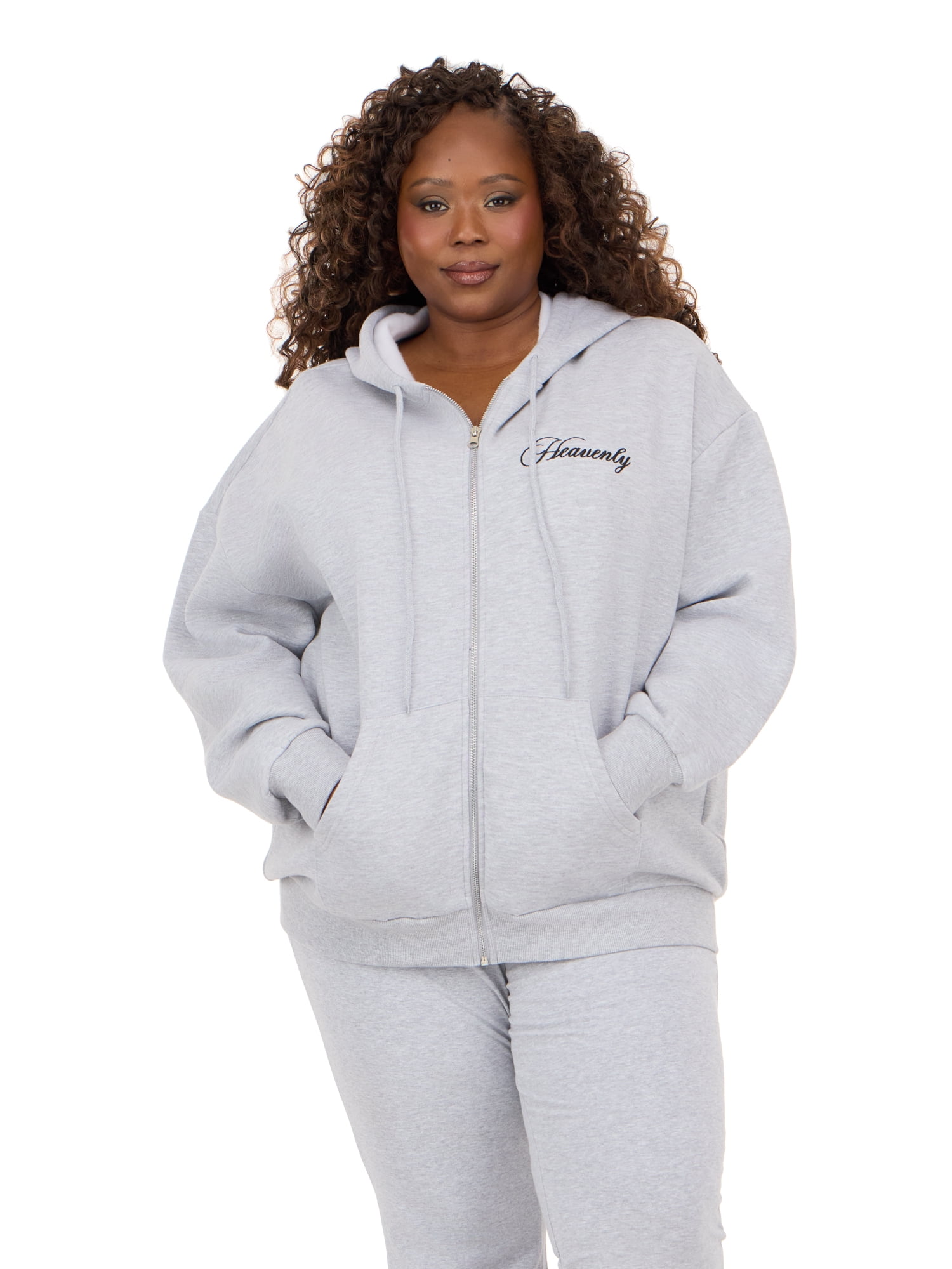 Forever 21 Women's Fleece Zip Up Hoodie with Front and Back Graphic Detail, Relaxed Fit Sweatshirt Jacket, Casual Everyday Layering Style, Grey, XXS-4X