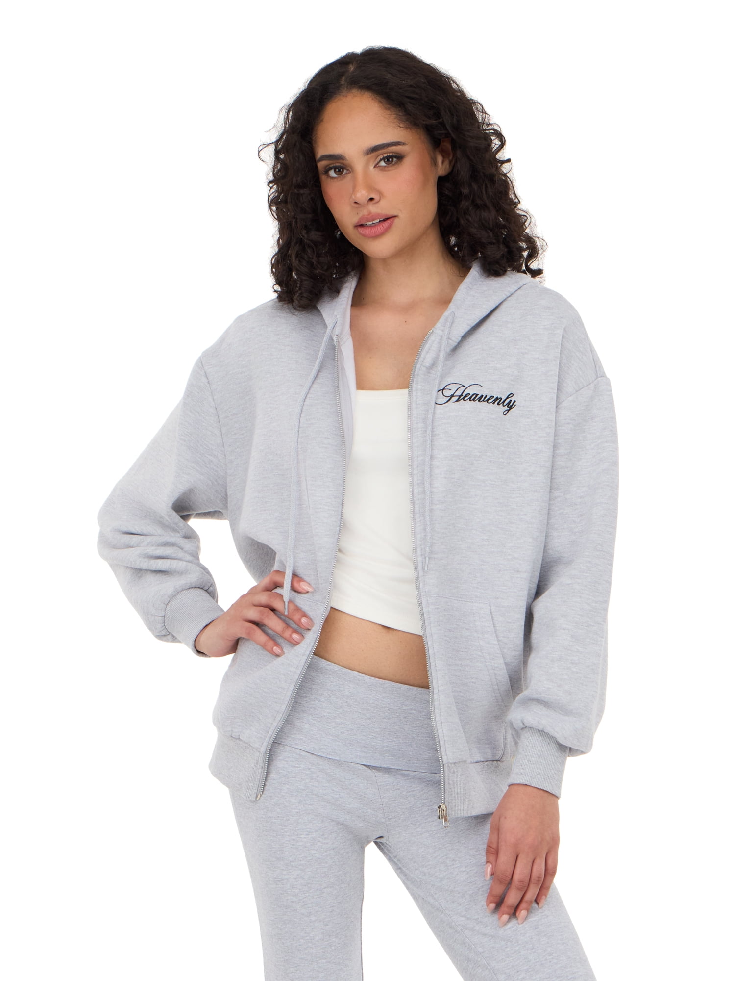 Forever 21 Women's Fleece Zip Up Hoodie with Front and Back Graphic Detail, Relaxed Fit Sweatshirt Jacket, Casual Everyday Layering Style, Grey, XXS-4X