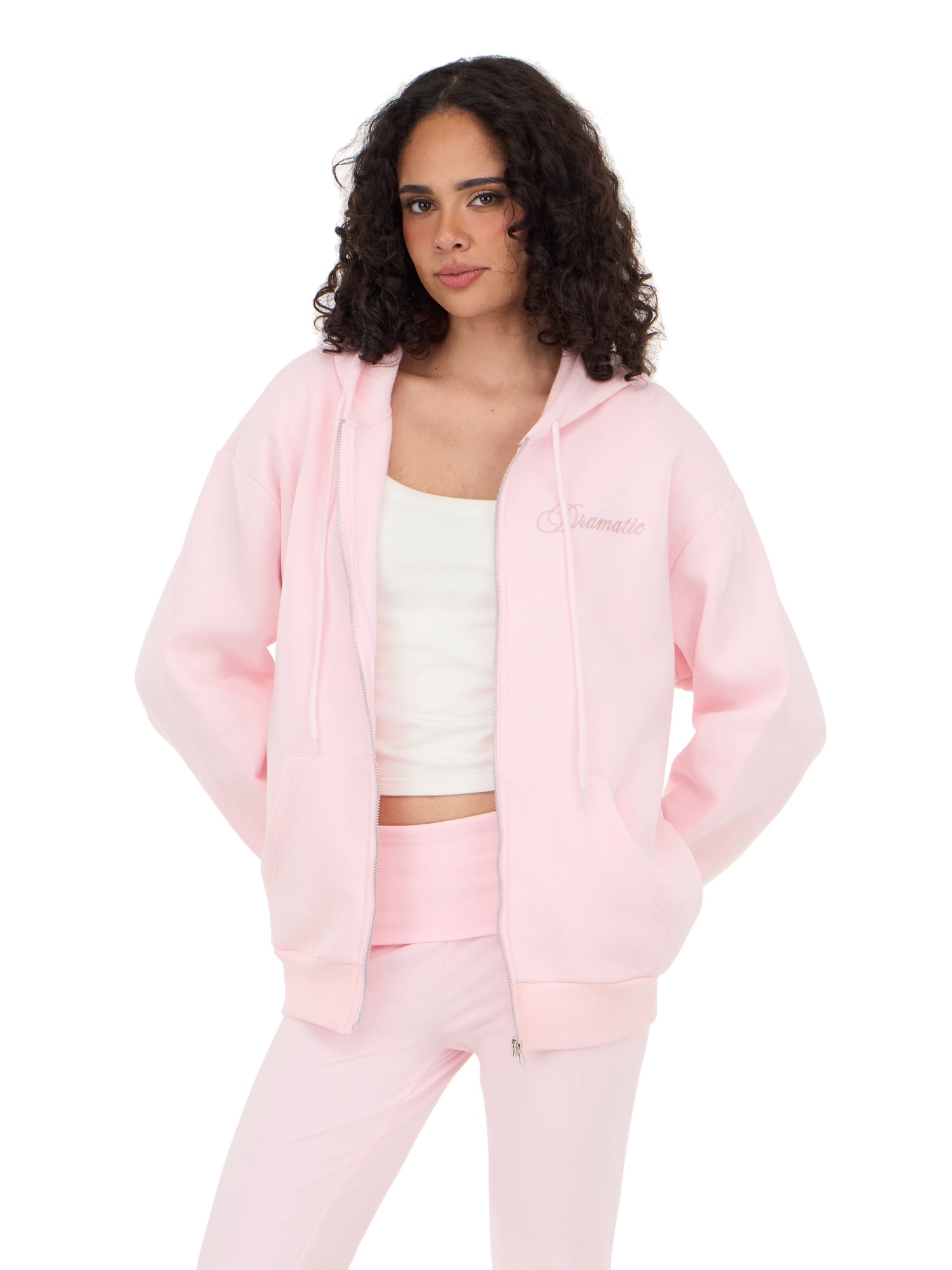 Forever 21 Women's Fleece Zip Up Hoodie with Front and Back Graphic Detail, Relaxed Fit Sweatshirt Jacket, Casual Everyday Layering Style, Pink, XXS-4X