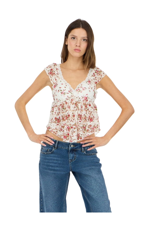 Women's Frill Lace Top with V-Neckline and Pleated Hem - Petal Sleeve Lace Blouse with Built-In Bra Feminine Casual Style, White, Medium