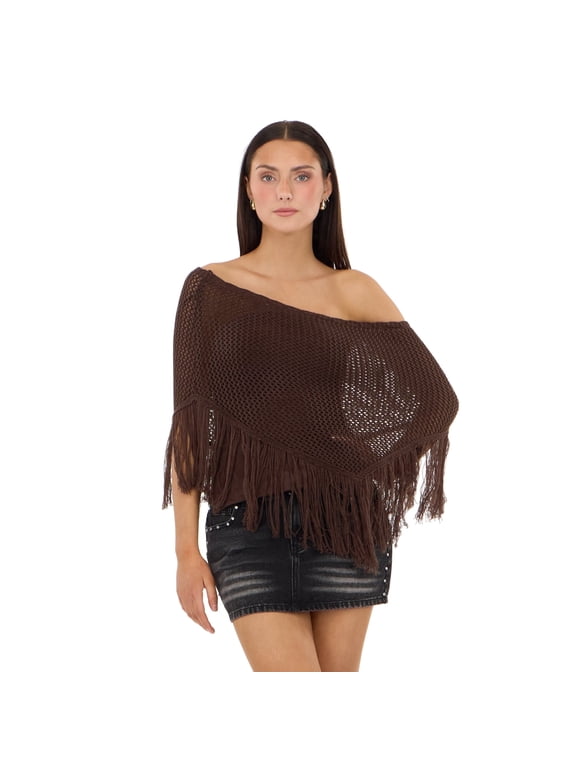 Women’s Fringe Off-the-Shoulder Crochet Poncho, Open Knit Boho Cover-Up Top for Festivals and Beach Styling, XS-XL