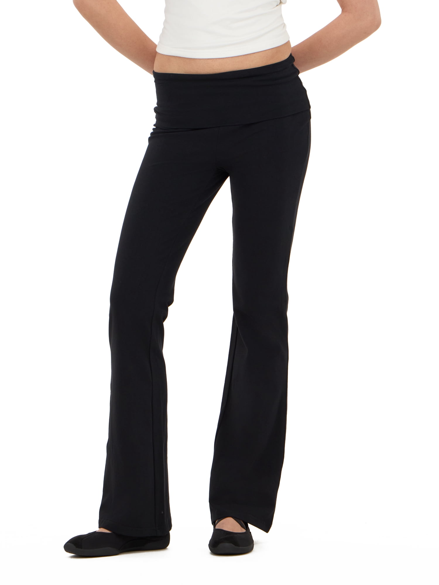 Forever 21 Women's Jersey Fold Over Waist Pants with Graphic Detail, Flare Leg Lounge Pants, Stretch Casual Everyday Comfort Style, Black, XXS-4X