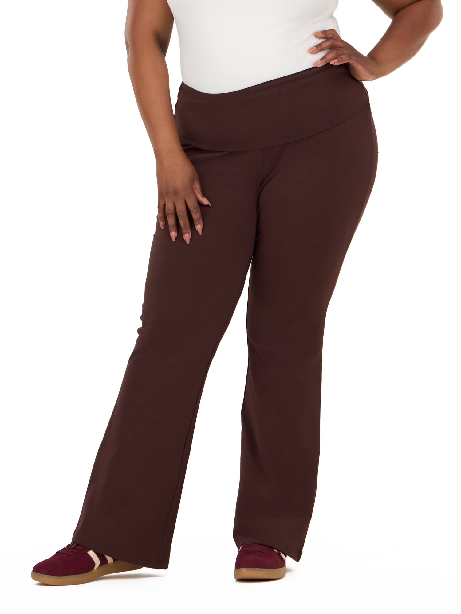 Forever 21 Women's Jersey Fold Over Waist Pants with Graphic Detail, Flare Leg Lounge Pants, Stretch Casual Everyday Comfort Style, Brown, XXS-4X