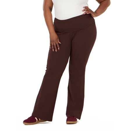 Forever 21 Women's Jersey Fold Over Waist Pants with Graphic Detail, Flare Leg Lounge Pants, Stretch Casual Everyday Comfort Style, Brown, XXS-4X