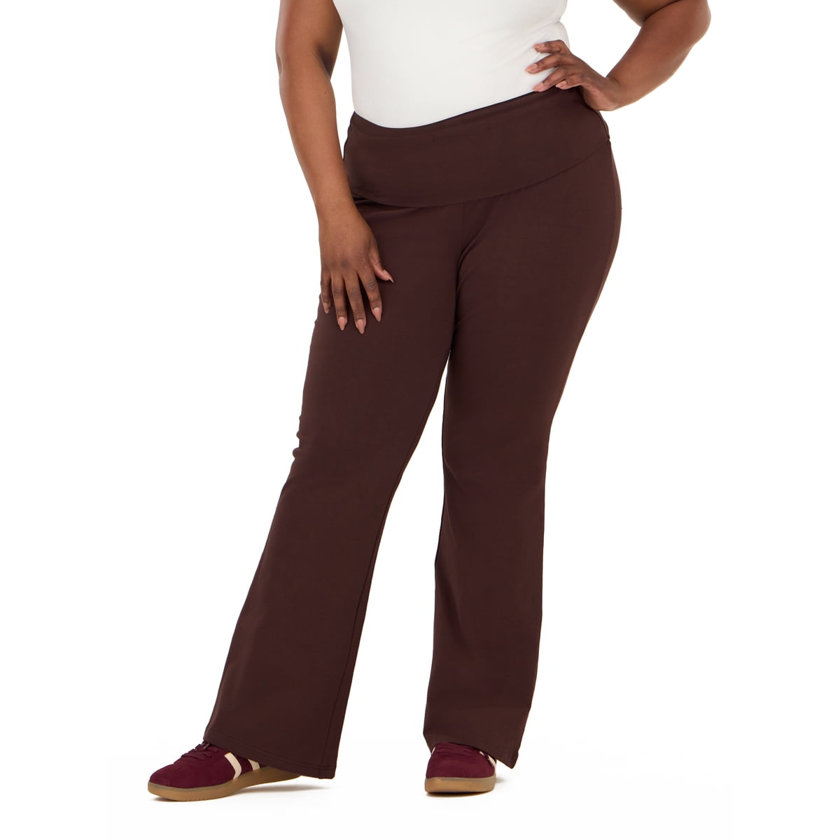 Women's Jersey Fold Over Waist Pants with Graphic Detail, Flare Leg Lounge Pants, Stretch Casual Everyday Comfort Style, Brown, XXS-4X