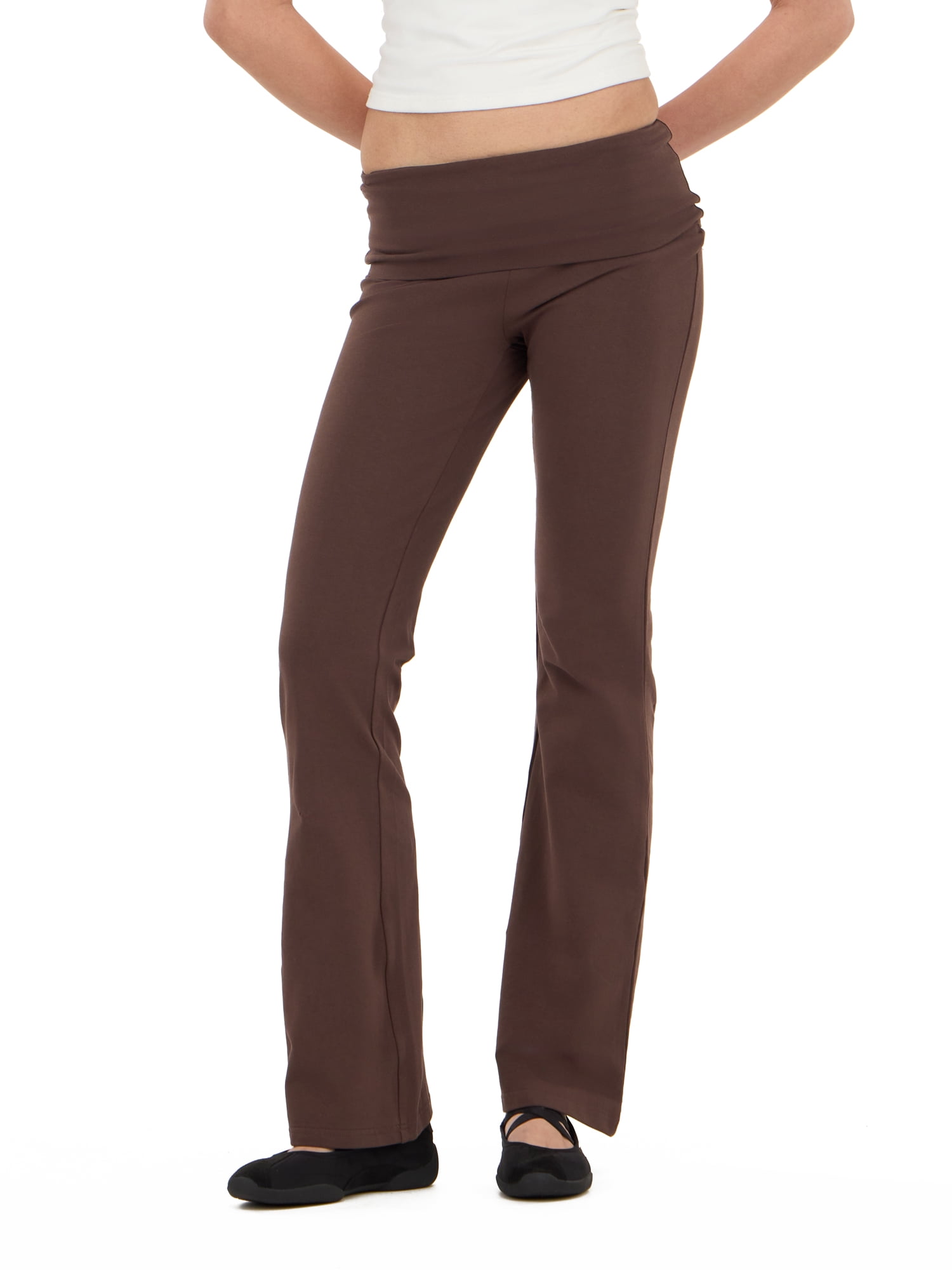 Forever 21 Women's Jersey Fold Over Waist Pants with Graphic Detail, Flare Leg Lounge Pants, Stretch Casual Everyday Comfort Style, Brown, XXS-4X