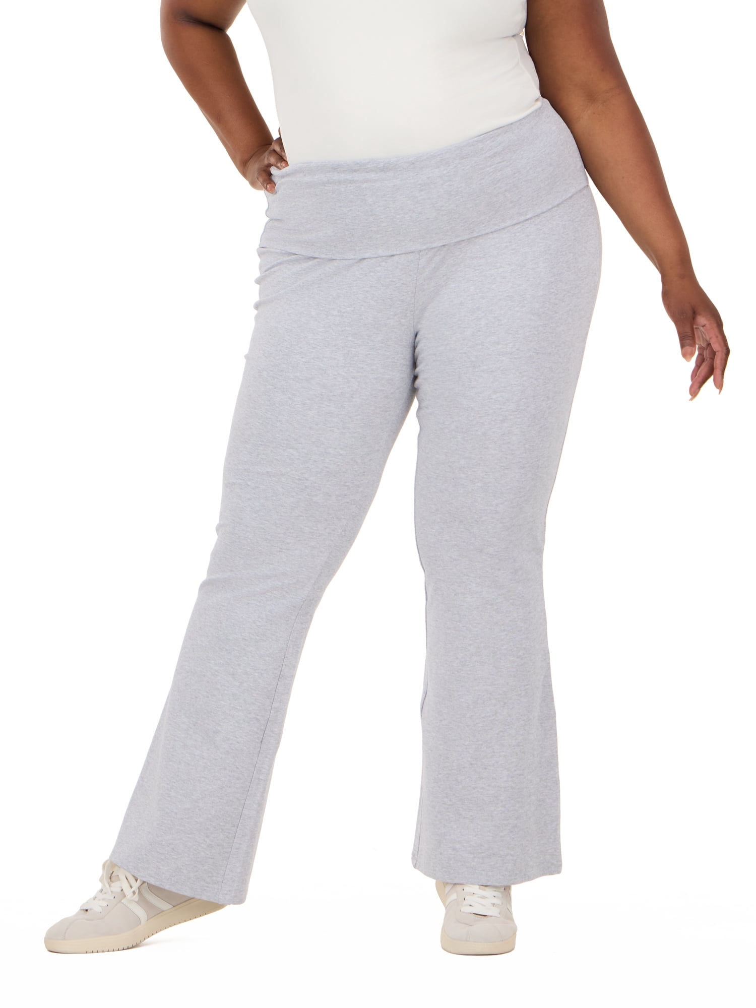 Forever 21 Women's Jersey Fold Over Waist Pants with Graphic Detail, Flare Leg Lounge Pants, Stretch Casual Everyday Comfort Style, Grey, XXS-4X