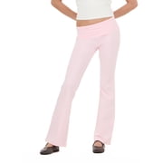 Forever 21 Womens Jersey Fold Over Waist Pants with Graphic Detail, Flare Leg Lounge Pants, Stretch Casual Everyday Comfort Style, Pink, XXS-4X