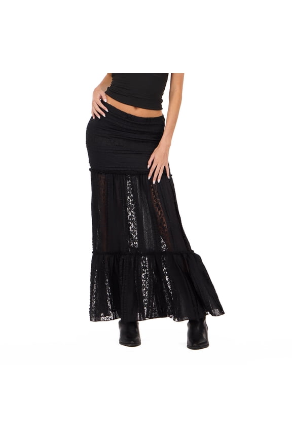 Women’s Lace Maxi Skirt with Tiered Hem Mid Rise Fit Elegant Casual Style, XS-XL