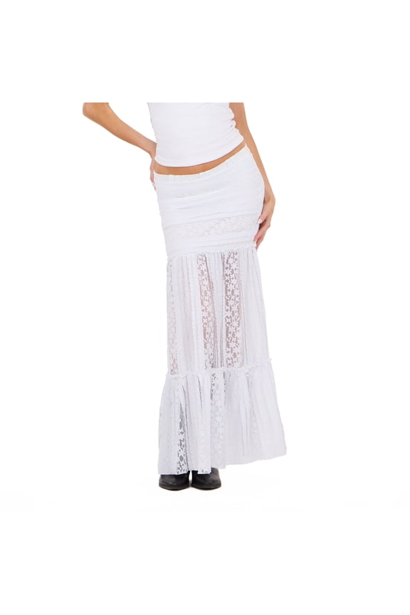 Women’s Lace Maxi Skirt with Tiered Hem Mid Rise Fit Elegant Casual Style, XS-XL