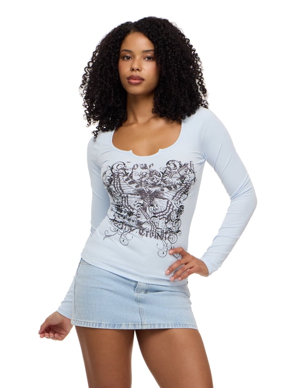 Women's Long Sleeve Notch Neck Top with Rhinestones, Blue, XS-XL