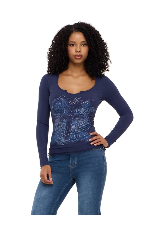 Women's Long Sleeve Notch Neck Top with Rhinestones, Navy, XS-XL