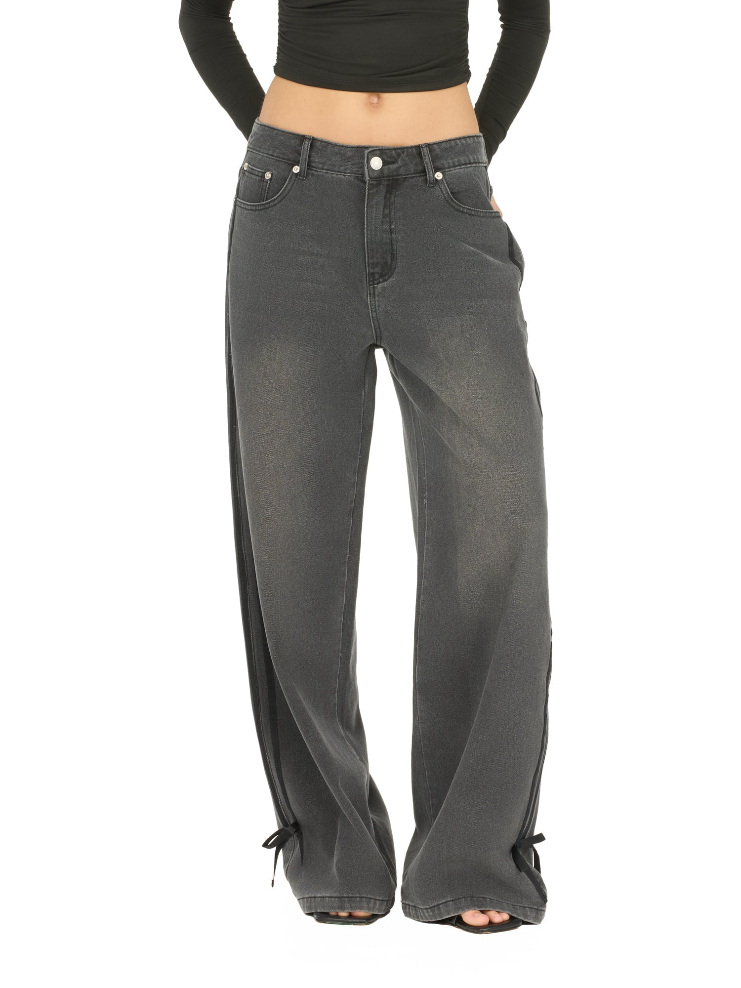 Forever 21 Women's Low Rise Baggy Fit Jeans with Side Stripes and Bow Accents, Sizes 0-14