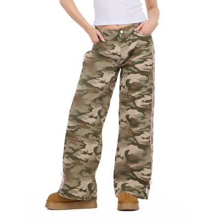 Forever 21 Women's Low Rise Baggy Fit Jeans with Side Stripes and Bow Accents, Sizes 0-14