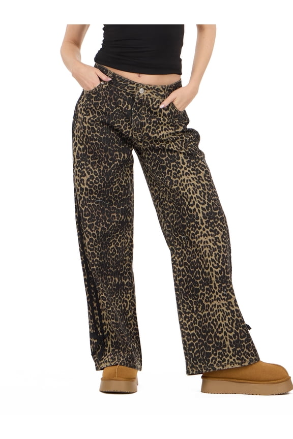 Women's Low Rise Baggy Fit Jeans with Side Stripes and Bow Accents, Sizes 0-14