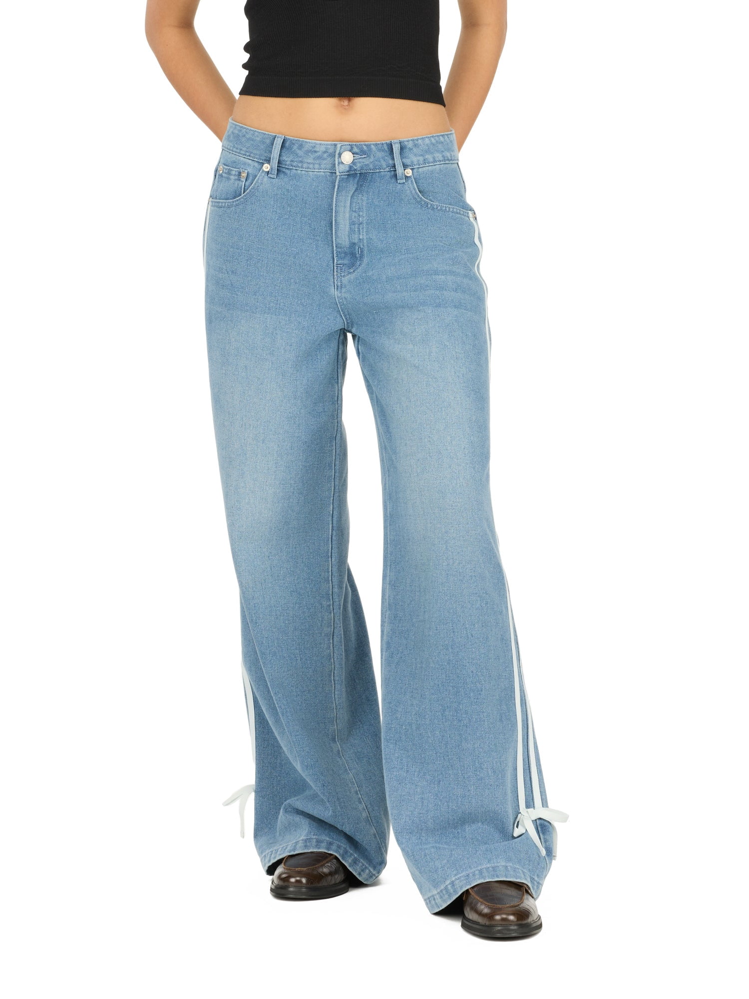 Forever 21 Light Wash Low Rise Baggy Fit With Side Stripes And Bow Accents, 5-Pocket Body Soft Pants for Female Adult, 85/15 cotton poly, Machine Wash Cold, Size 12