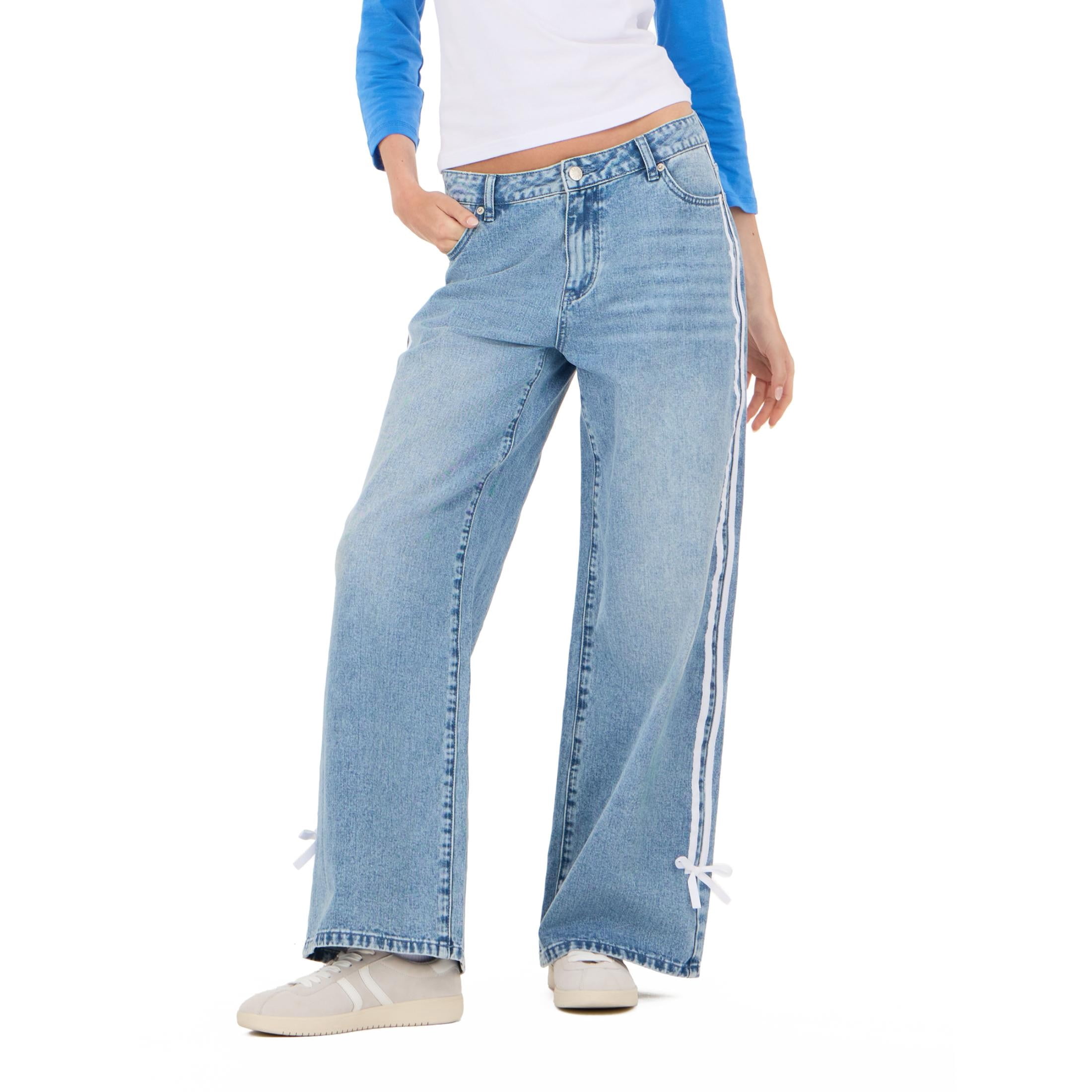 Forever 21 Light Wash Low Rise Baggy Fit With Side Stripes And Bow Accents, 5-Pocket Body Soft Pants for Female Adult, 85/15 cotton poly, Machine Wash Cold, Size 8
