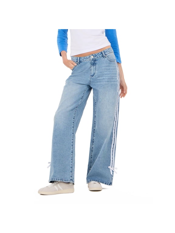Women's Light Wash Y2K Low-Rise Baggy Jeans, Side Stripe & Bow Accent, for Everyday Casual Wear, Size 8