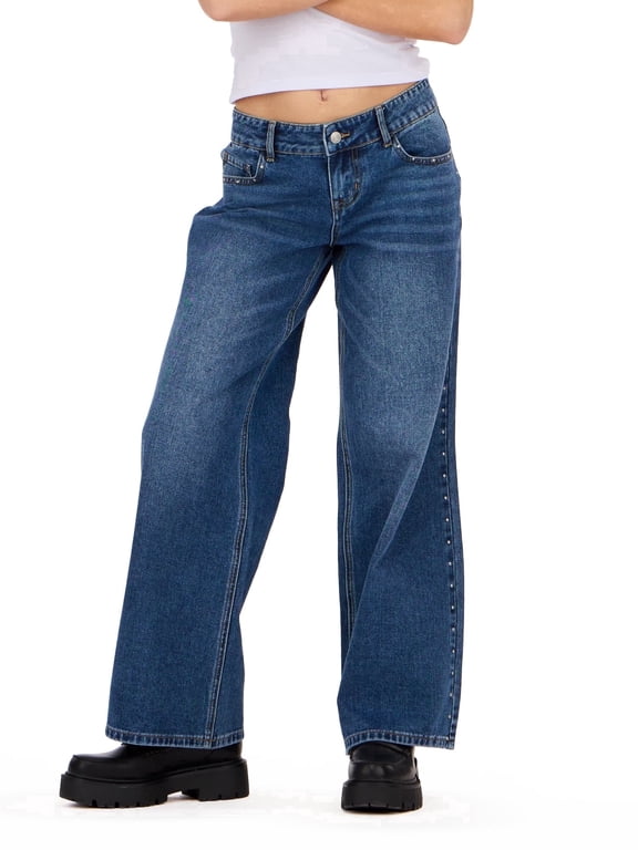 Women's Low Rise Wide Leg Denim Pants with Stud Details - Relaxed Fit Jeans, Drawstring Waist Casual Street Style, Blue, 4
