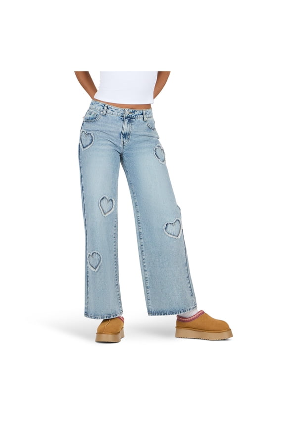 Women’s Low Waist Wide Leg Denim Jeans with Heart Patch Details, Color- Blue, Size- 14