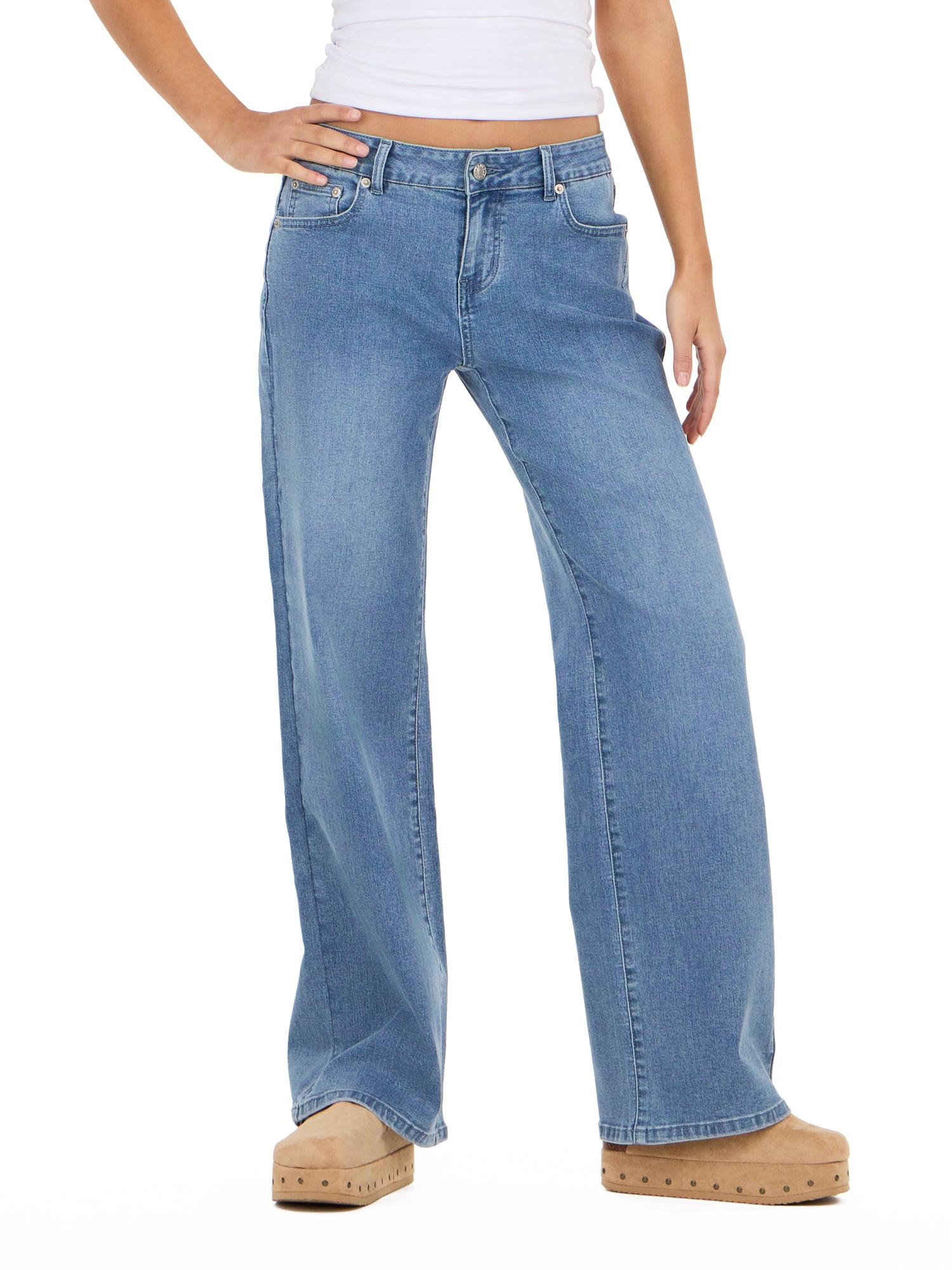 Women's Low Waist Wide Leg Denim Pants with Screen Print, Relaxed Fit Baggy Jeans, Vintage Wash Casual Streetwear, Blue, 00-4X