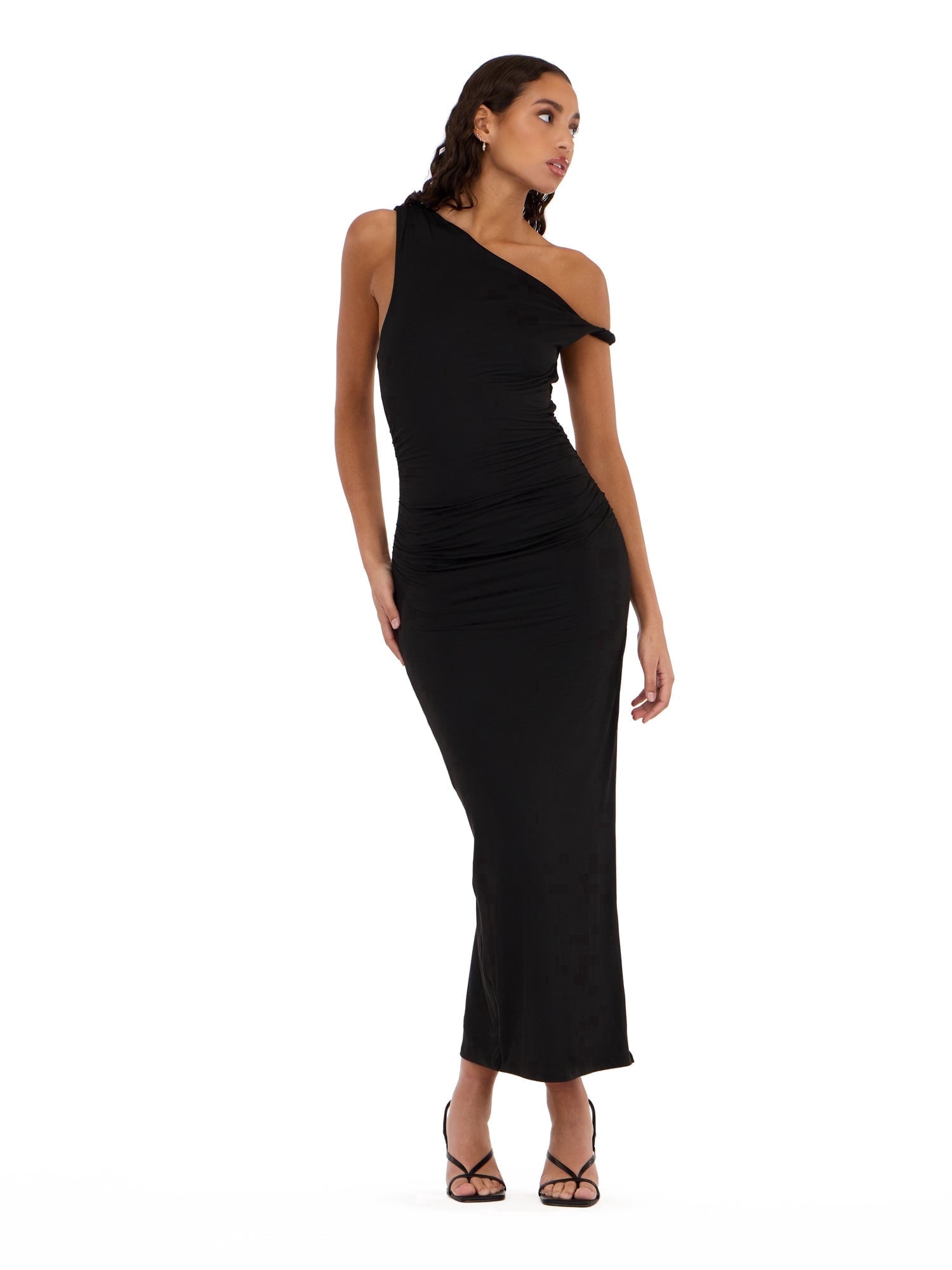 Forever 21 Women's Maxi Dress with Side Ruching Detail and High Neckline, Sleek Fitted Silhouette with Side Slit for Evening and Special Occasions, XS-XL