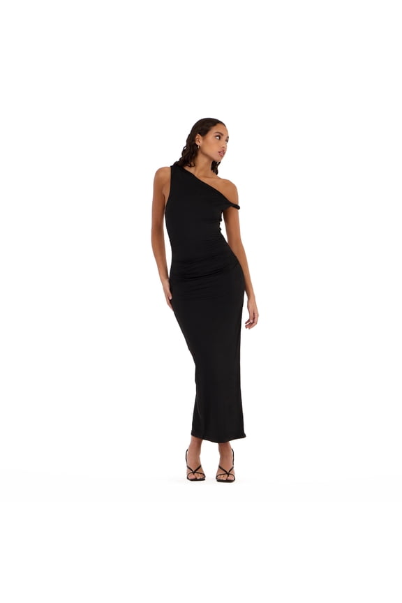 Women’s Maxi Dress with Side Ruching Detail and High Neckline, Sleek Fitted Silhouette with Side Slit for Evening and Special Occasions, Black, Large