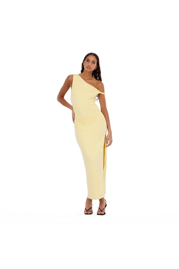 Women’s Maxi Dress with Side Ruching Detail and High Neckline, Sleek Fitted Silhouette with Side Slit for Evening and Special Occasions, XS-XL