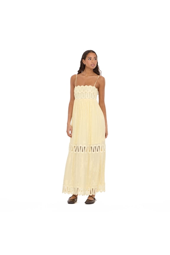 Women’s Maxi Dress with Lace Yoke Detail, Sleeveless Tiered Flowy Long Dress for Vacation and Casual Summer Styling, XS-XL