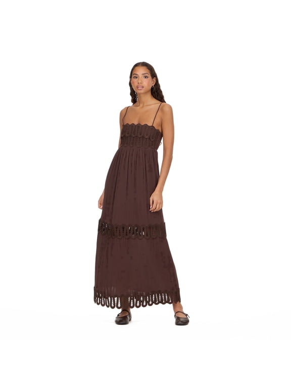 Women’s Maxi Dress with Lace Yoke Detail, Sleeveless Tiered Flowy Long Dress for Vacation and Casual Summer Styling, XS-XL