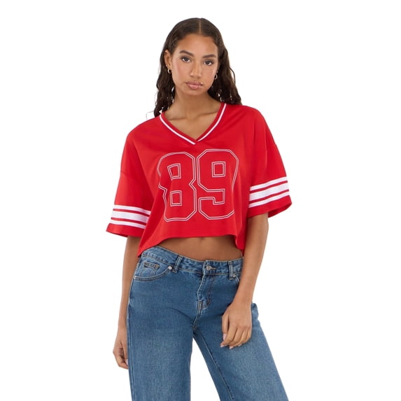 Forever 21 Women’s Mesh Cropped Boxy Football Tee, V-Neck Short Sleeve Varsity-Style Top with Striped Sleeves and Screen Graphic, XS-XL