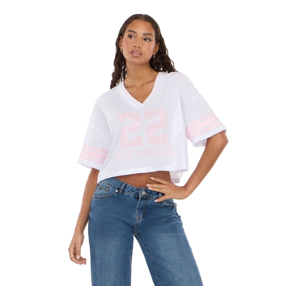 Forever 21 Women’s Mesh Cropped Boxy Football Tee, V-Neck Short Sleeve Varsity-Style Top with Striped Sleeves and Screen Graphic, XS-XL